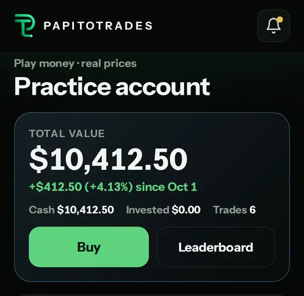 The practice account: total value $10,412.50, up $412.50 since October 1, with Buy and Leaderboard buttons.